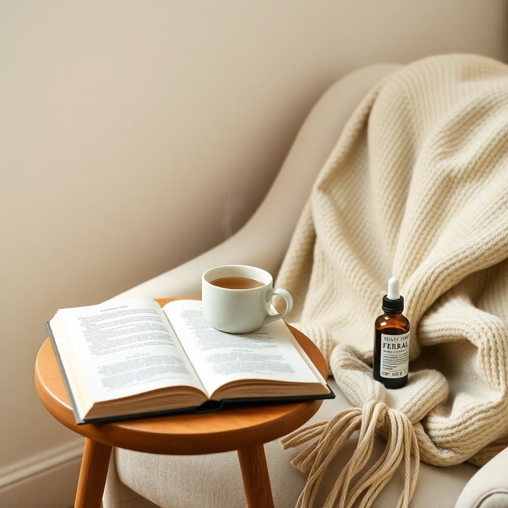 Cozy reading nook with tea, a book, and an amber CBD dropper bottle in soft afternoon light