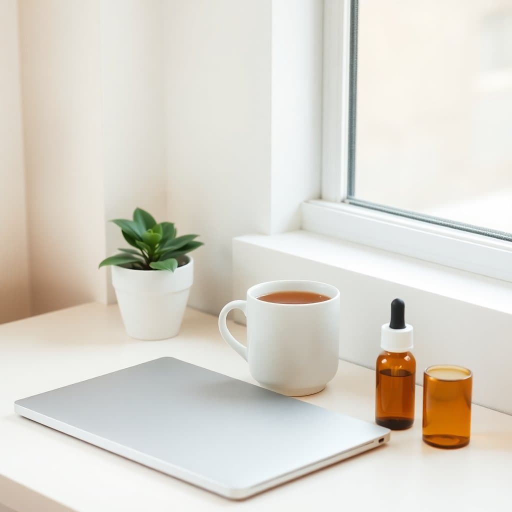 Editorial illustration of a desk corner with closed laptop, herbal tea, a plant, and a generic CBD bottle