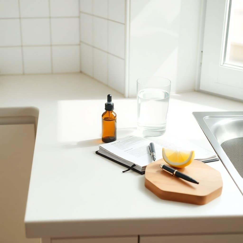 Editorial illustration of a calm morning kitchen counter with generic CBD bottle, water glass, journal and lemon