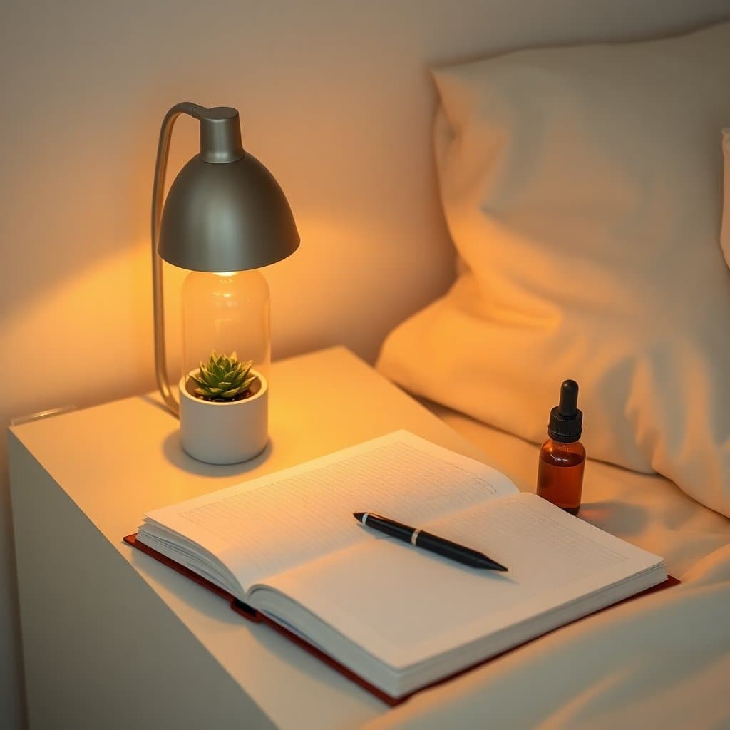 Editorial illustration of a calm nightstand with a lamp, plant, journal and a generic CBD bottle
