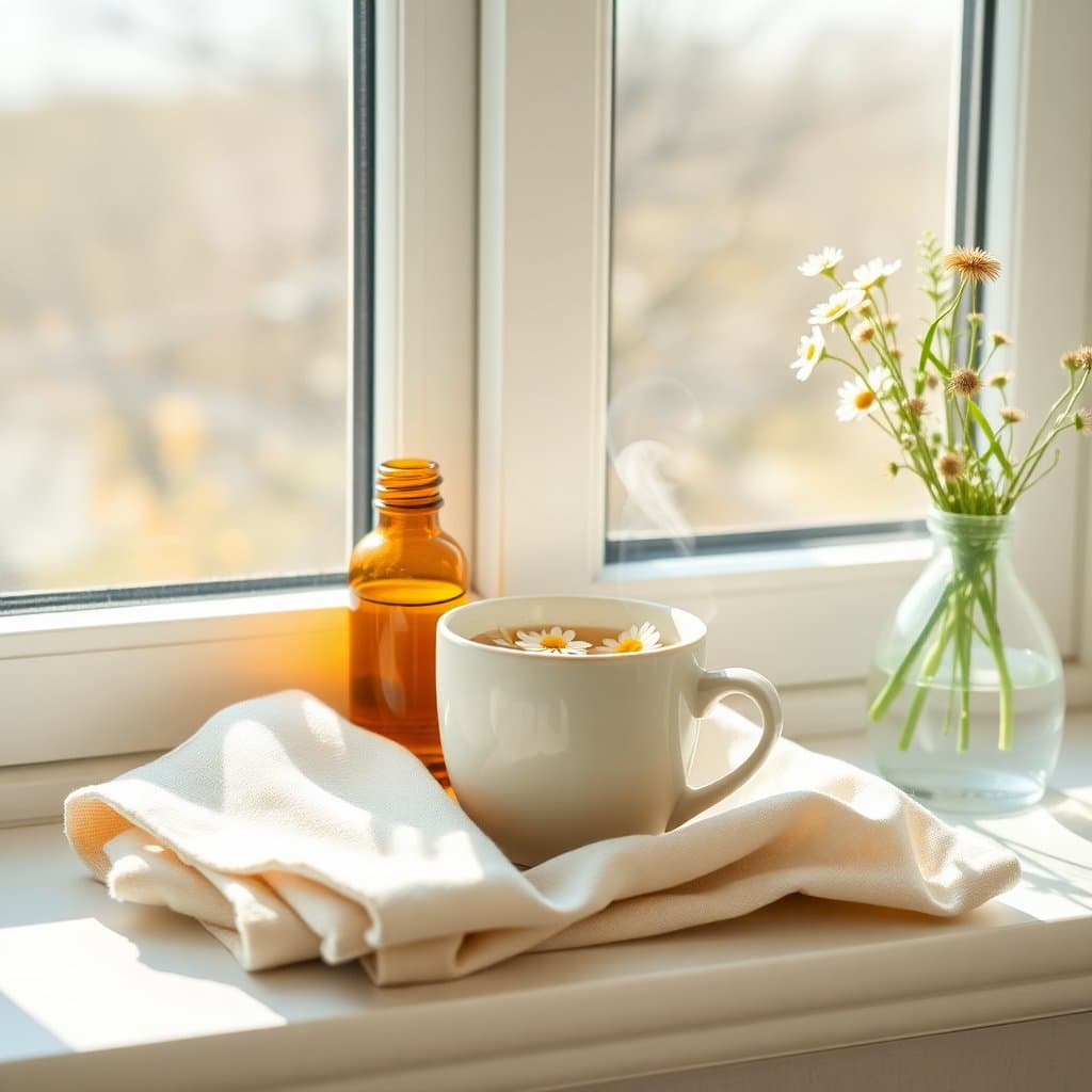 Editorial illustration of a sunny windowsill with a generic CBD bottle, herbal tea, and a handkerchief during spring allergy season