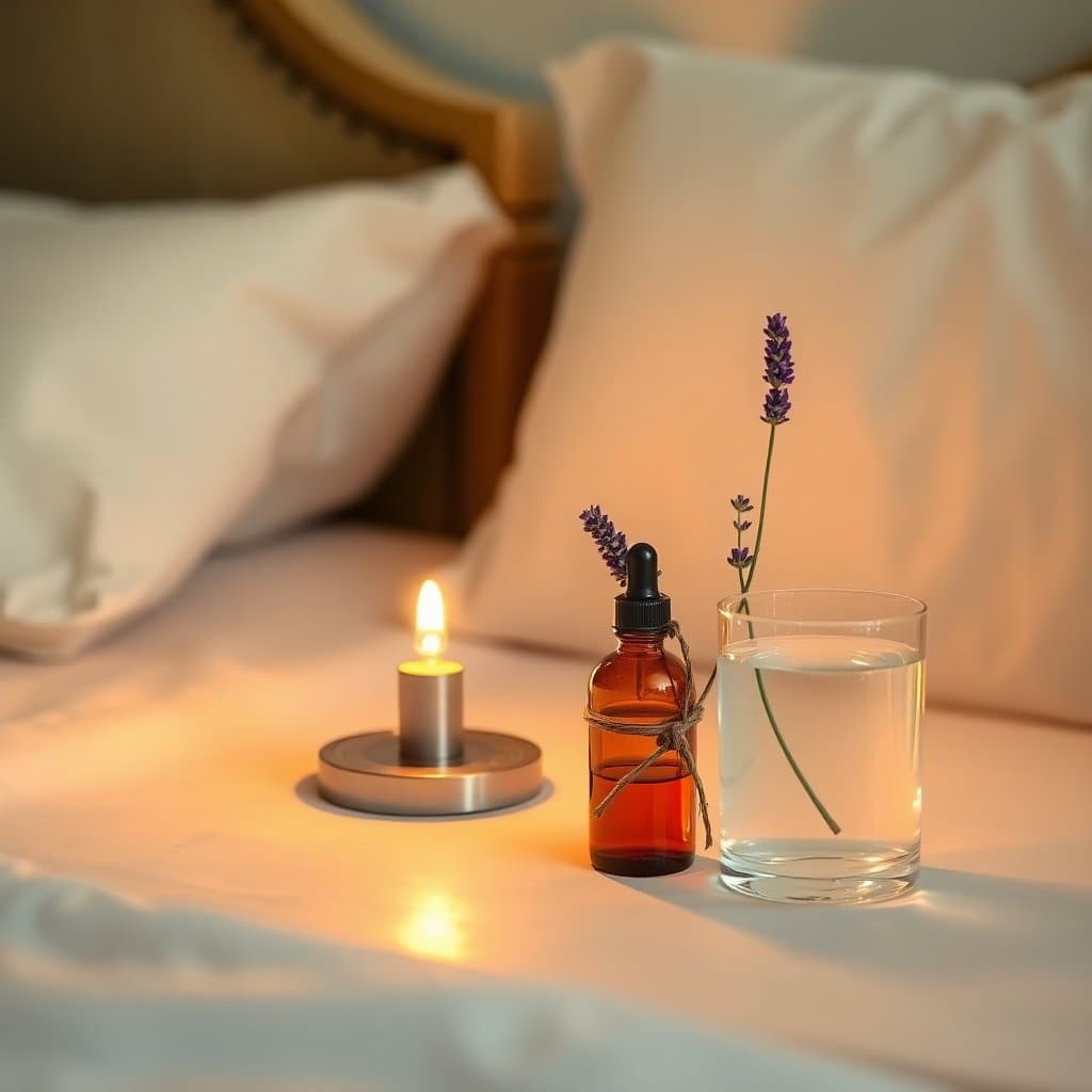 Editorial illustration of a calm bedside table with a generic CBD bottle, lamp, lavender, and a glass of water
