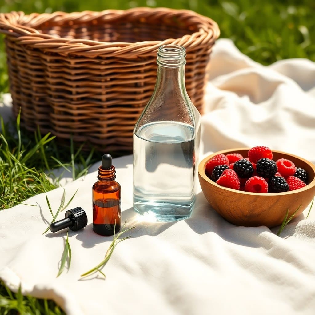 Editorial illustration of an outdoor blanket scene with a generic CBD bottle, water, and berries on grass
