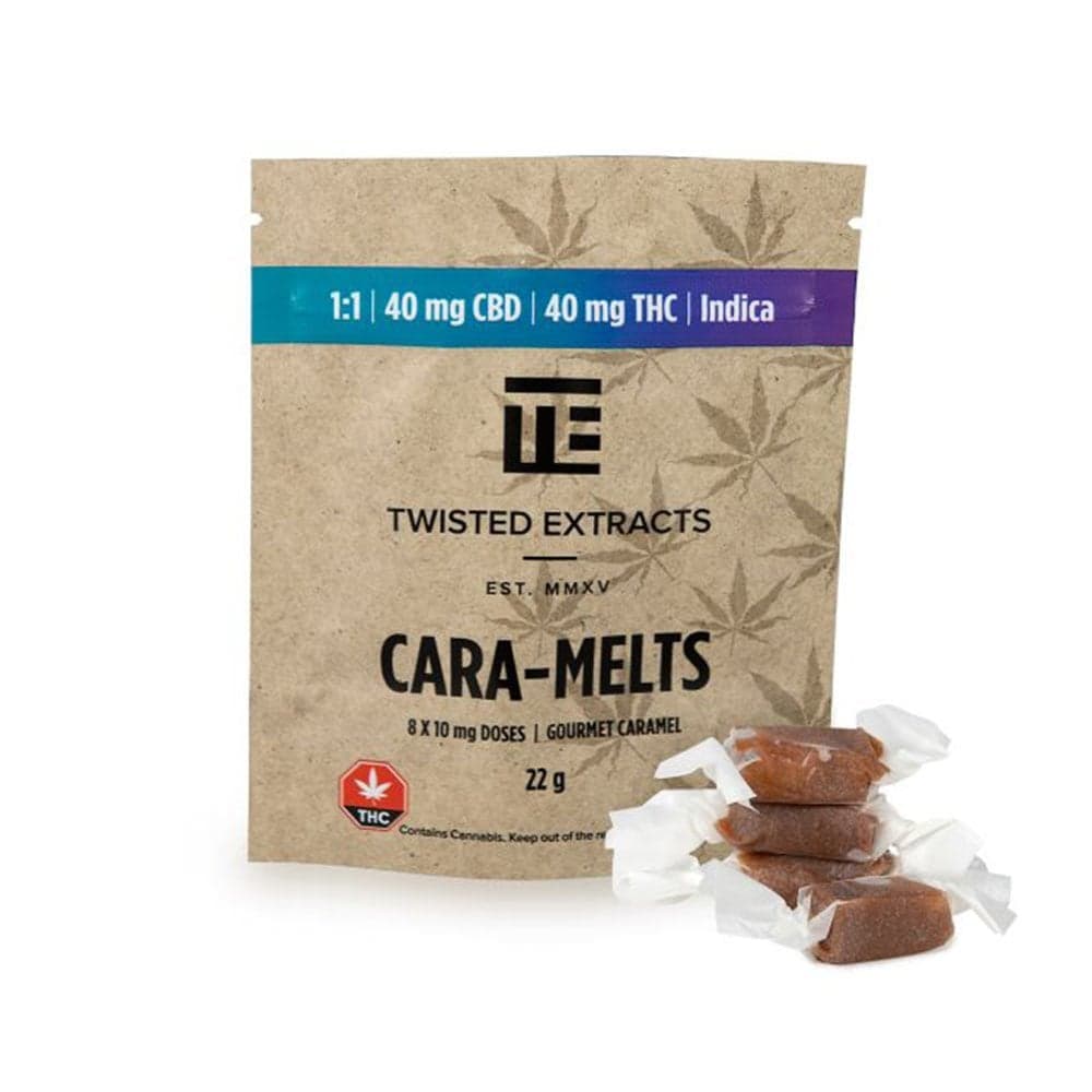 CBD/THC Indica Cara-Melts package by Twisted Extracts, 40mg CBD + 40mg THC caramels