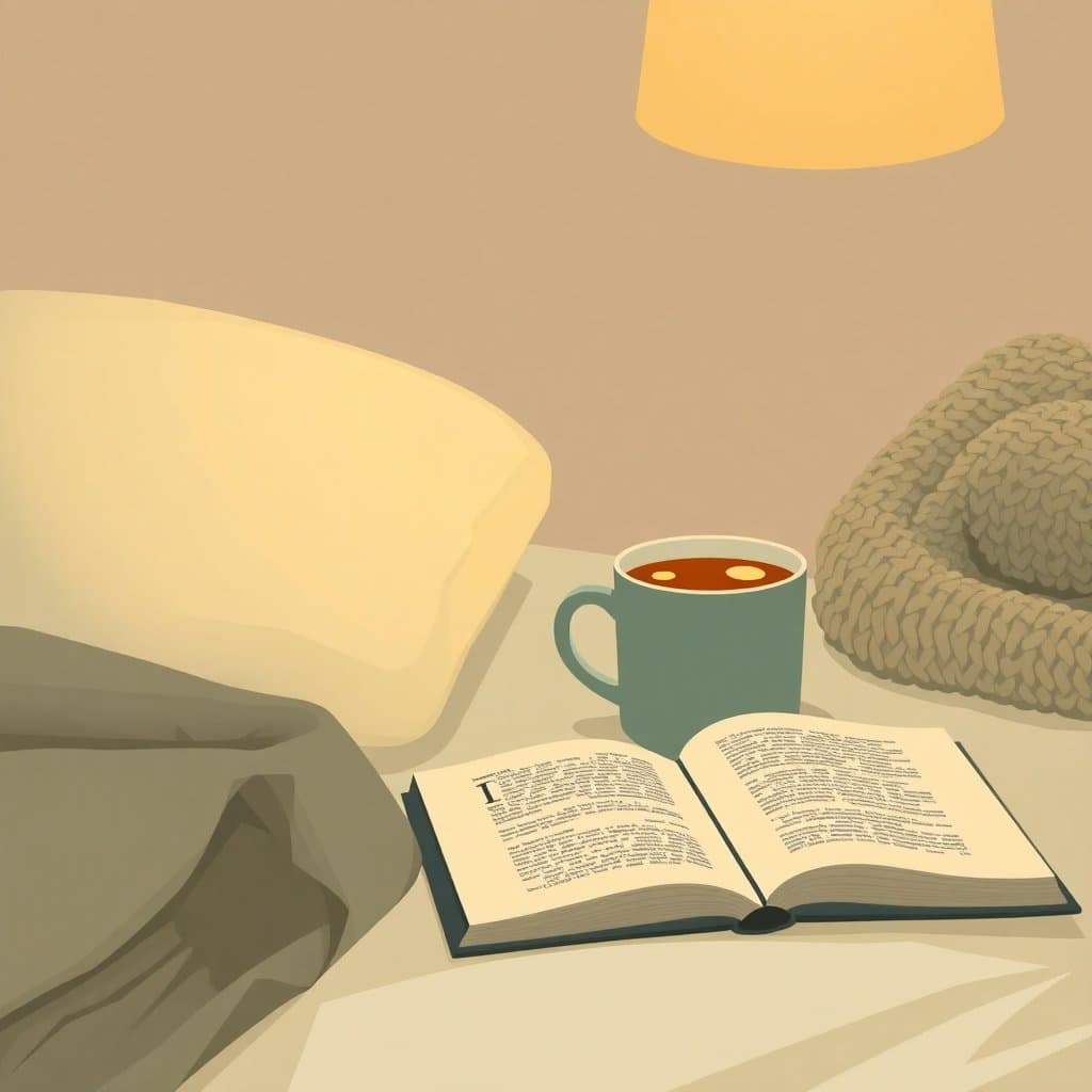 Cozy bedside nightstand at night with a CBD oil bottle, herbal tea, and an open book