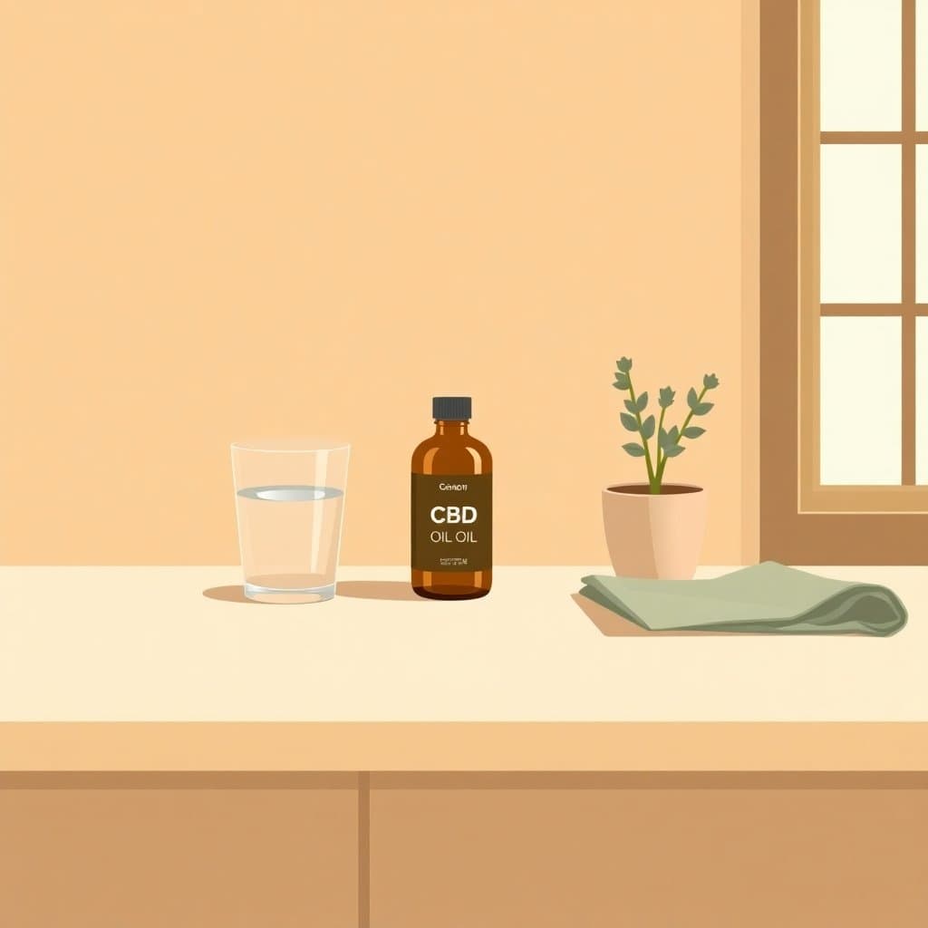 Kitchen counter with a CBD oil bottle, a clear glass of water, a small potted plant, and a sage napkin