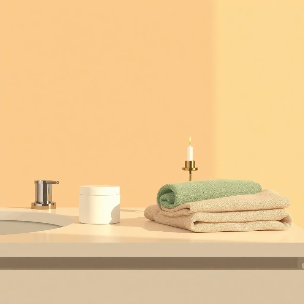 Bathroom vanity with a CBD cream jar, folded sage hand towel, and a beeswax candle in golden light