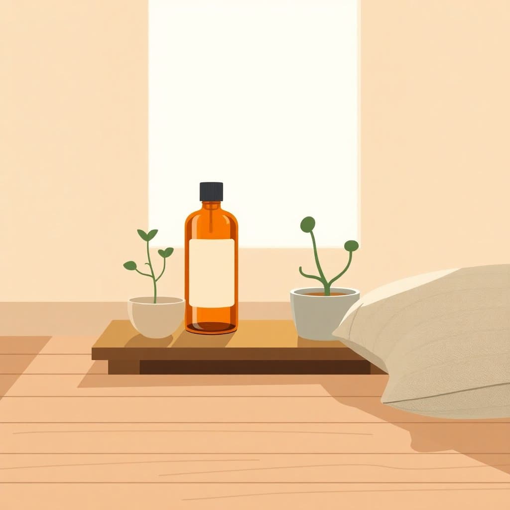 Calm meditation nook with a CBD oil bottle, ceramic bowl, and a snake plant in morning sun