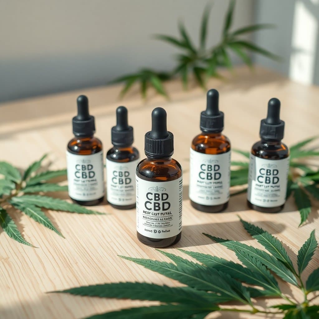 Several bottles of CBD oil arranged on a light wood surface with fresh hemp leaves