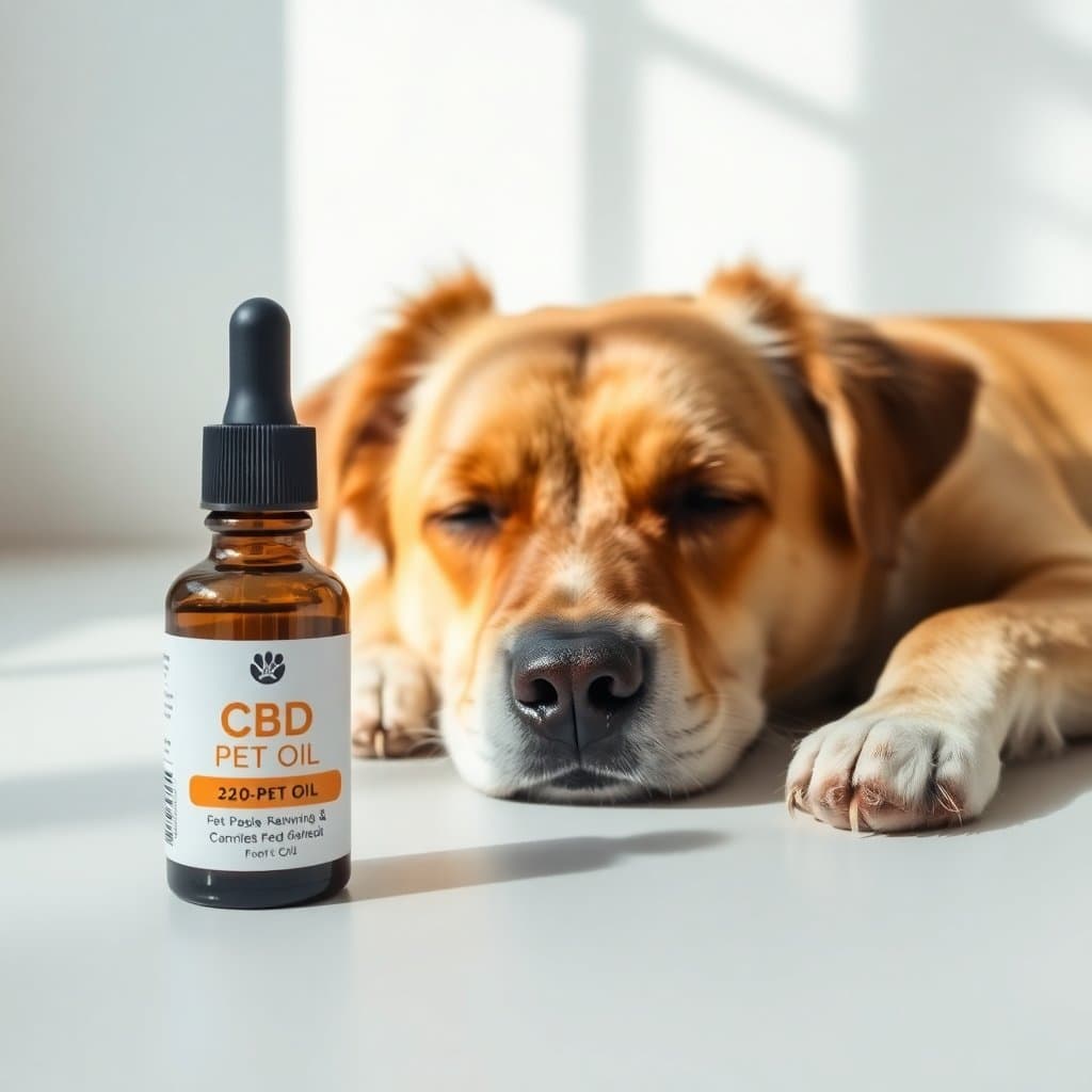 A happy healthy dog resting calmly beside a small bottle of CBD pet oil in soft natural daylight