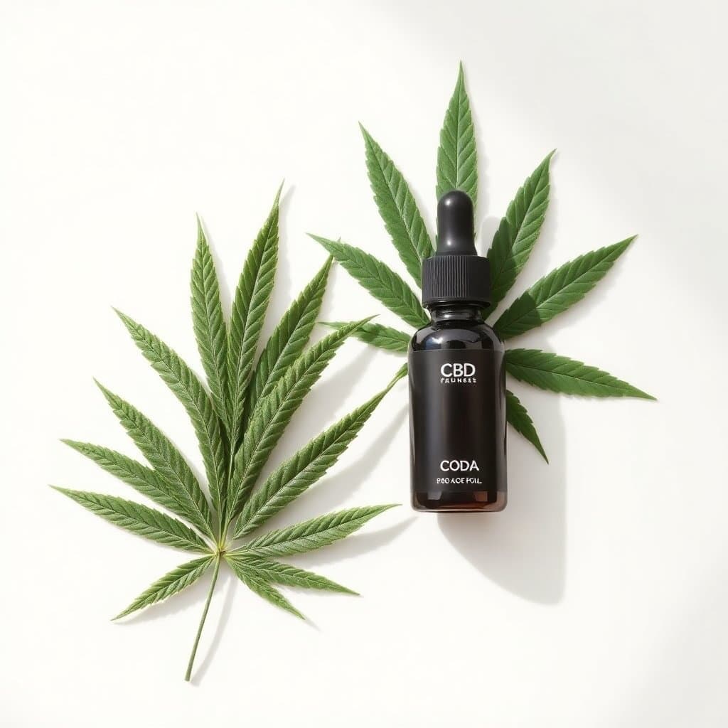 A hemp leaf and a cannabis leaf beside a CBD oil dropper bottle on a light surface