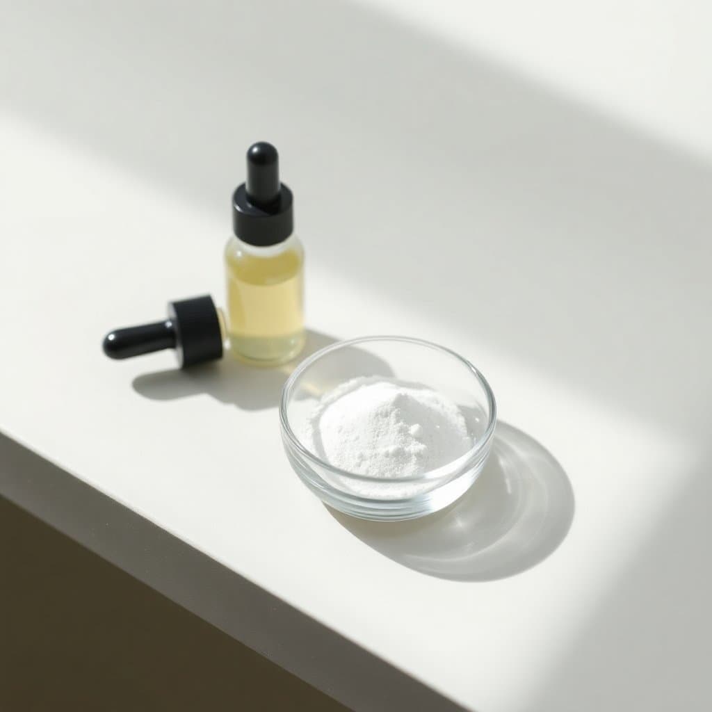 Pure white crystalline CBD isolate powder in a small glass dish beside a dropper bottle