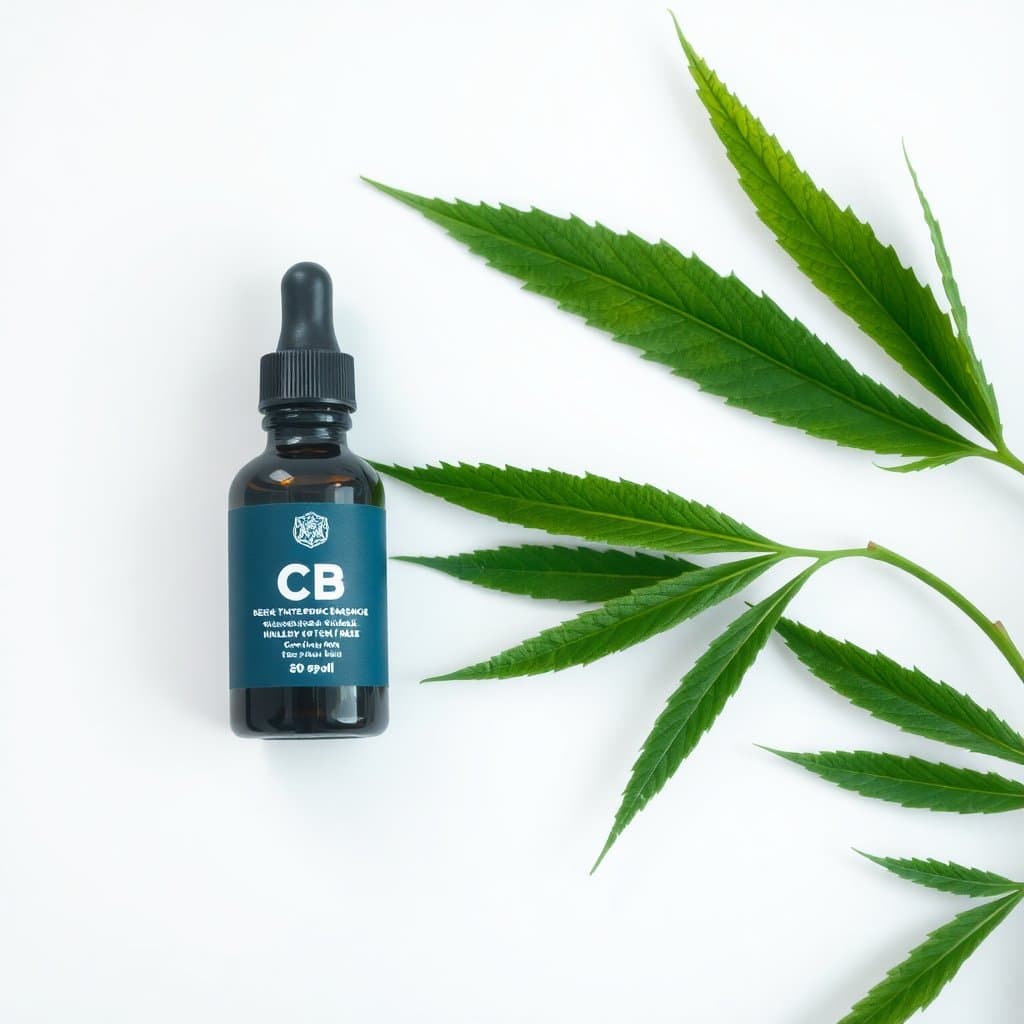 Hemp leaves and a CBD oil dropper bottle side by side on a light surface