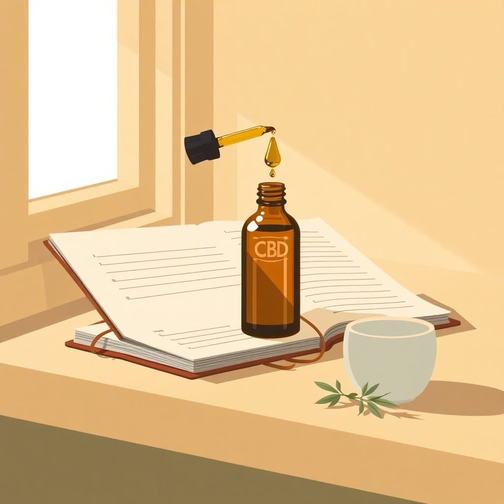 Kitchen counter with a CBD dropper bottle, open notebook, ceramic measuring cup, and dried herb sprig