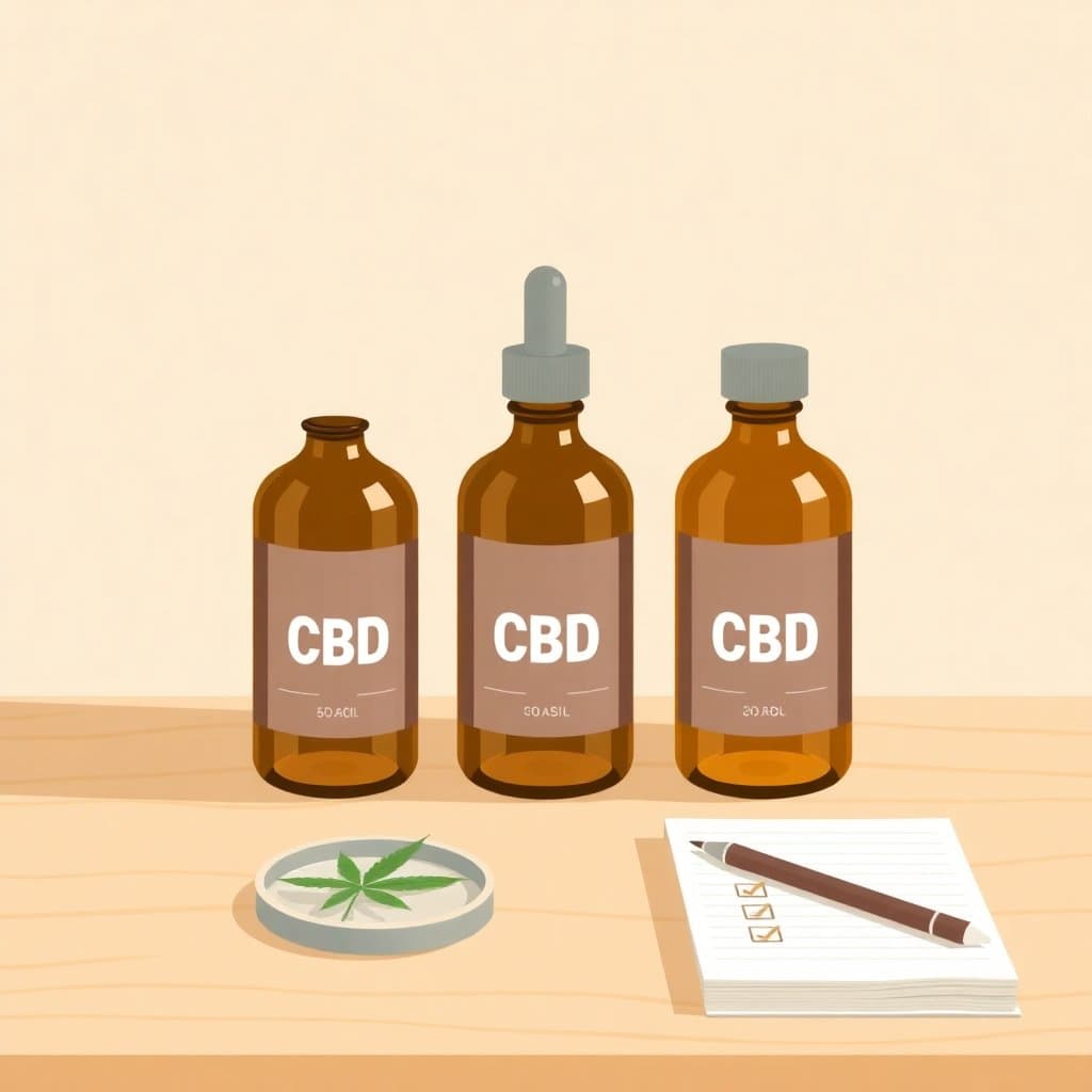 Three CBD bottles in different sizes on a wooden counter with a hemp leaf and notebook