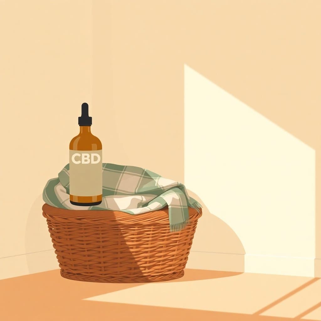 Quiet living-room corner with a CBD pet oil bottle, plaid blanket on a wicker basket, and a ceramic bowl