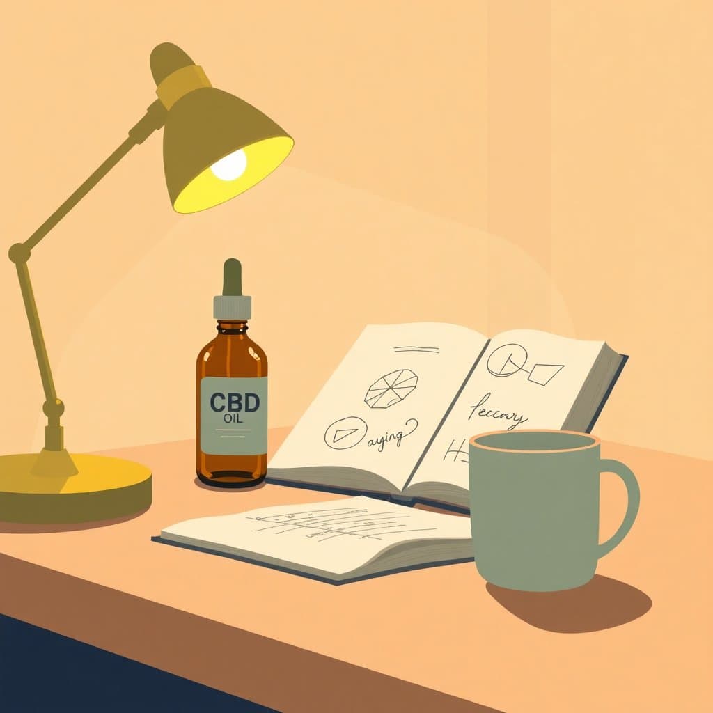 Writing desk with a CBD oil bottle, open notebook with diagrams, brass lamp, and stoneware mug