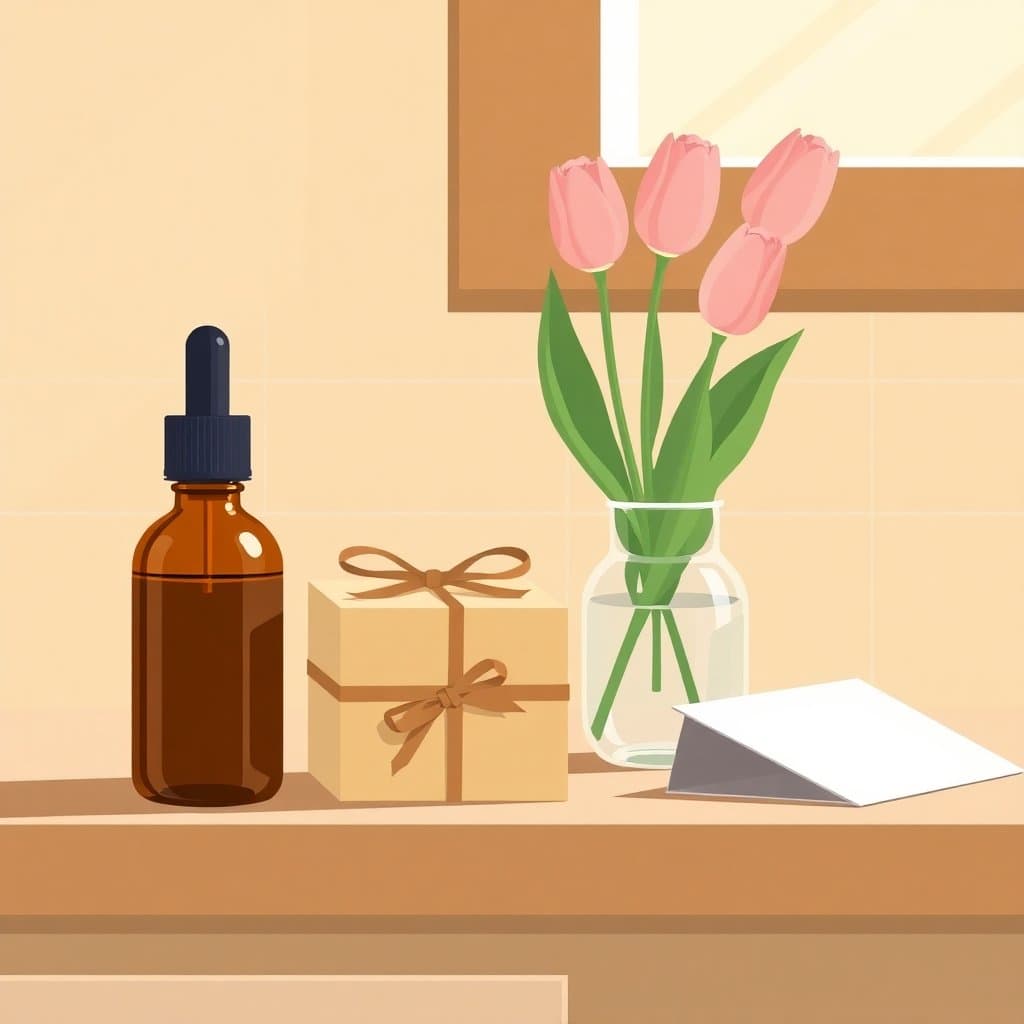 Kitchen counter in spring light with a CBD oil bottle, kraft-paper gift box, vase of pink tulips, and a card