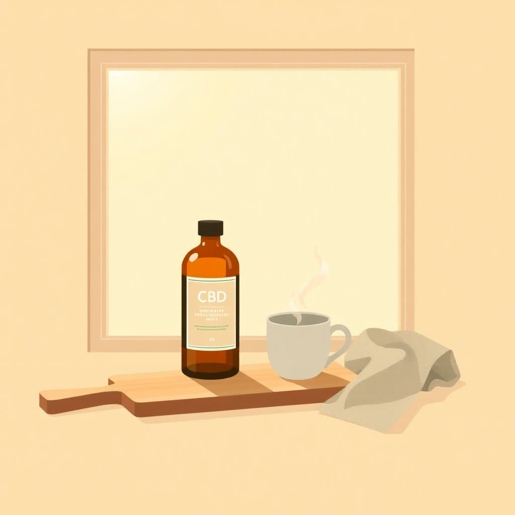 Sunny kitchen nook with a CBD oil bottle on a wooden board, a steaming ceramic mug, and a folded linen tea towel