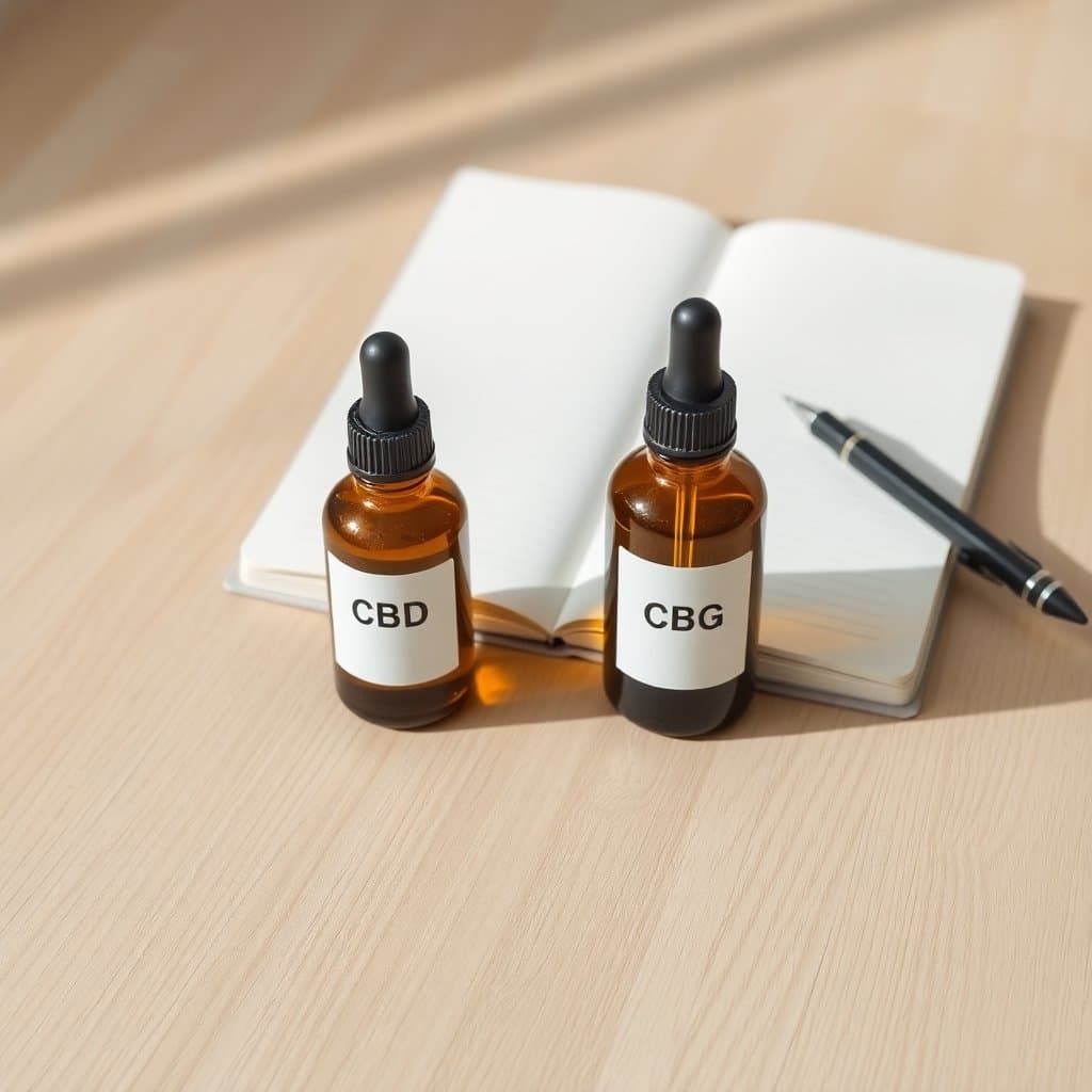Editorial illustration of two amber dropper bottles labeled CBD and CBG on a wooden surface with a notebook