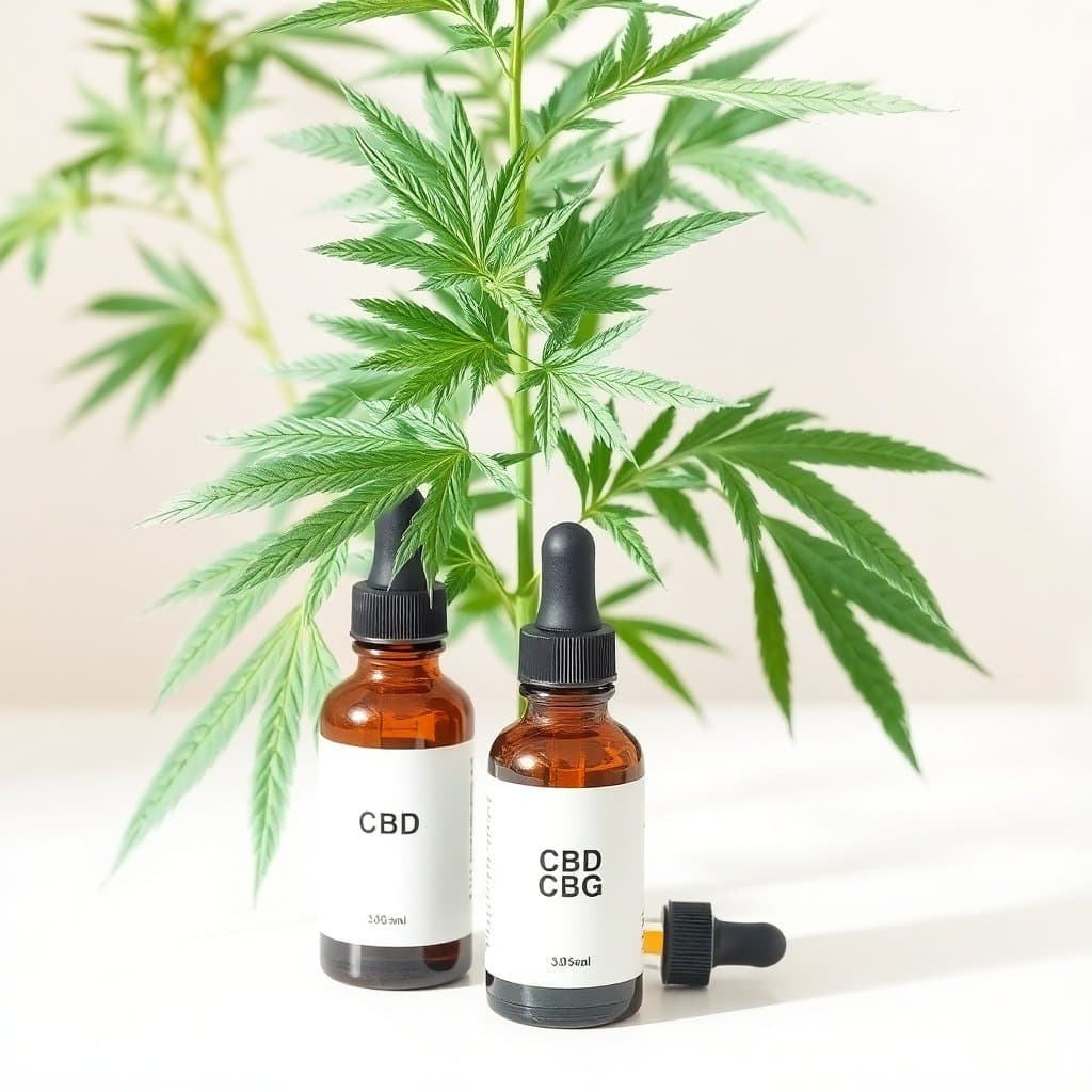 Editorial illustration of a hemp plant with two amber dropper bottles labeled CBD and CBG at its base