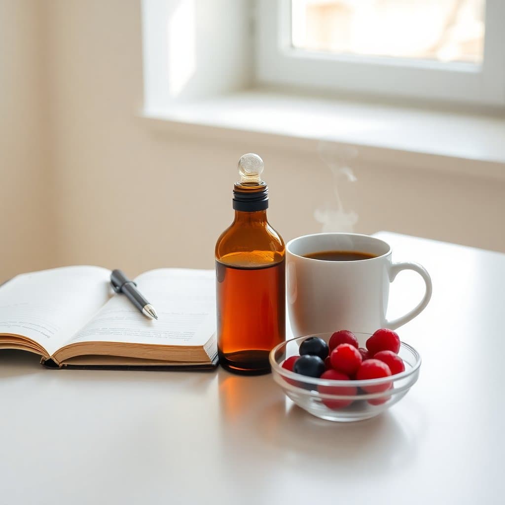 Editorial illustration of a morning kitchen counter with a generic amber CBG bottle, coffee, and a journal