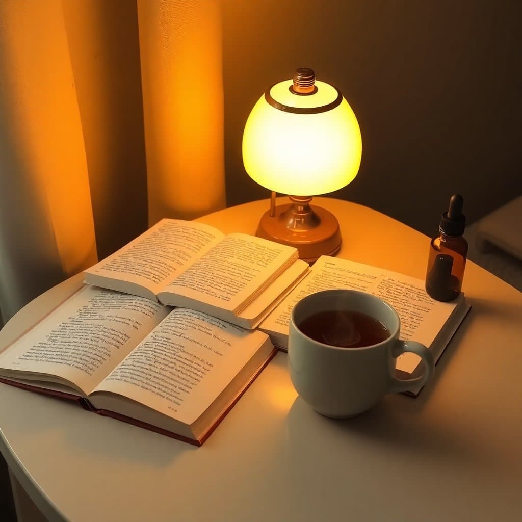 Editorial illustration of a peaceful side table with lamp, book, mug and a generic CBD bottle in evening light