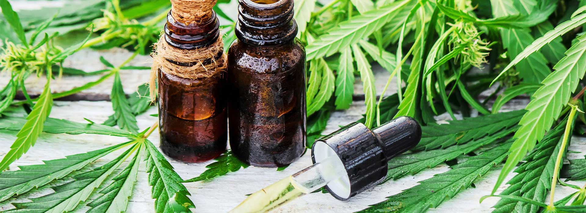 CBD Oil Bottles with Dropper and Cannabis Leaves