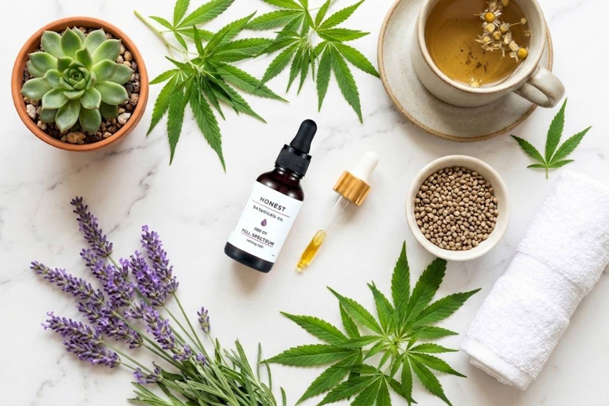 Two CBD oil bottles with lavender, succulent, and chamomile tea in a calming wellness setting