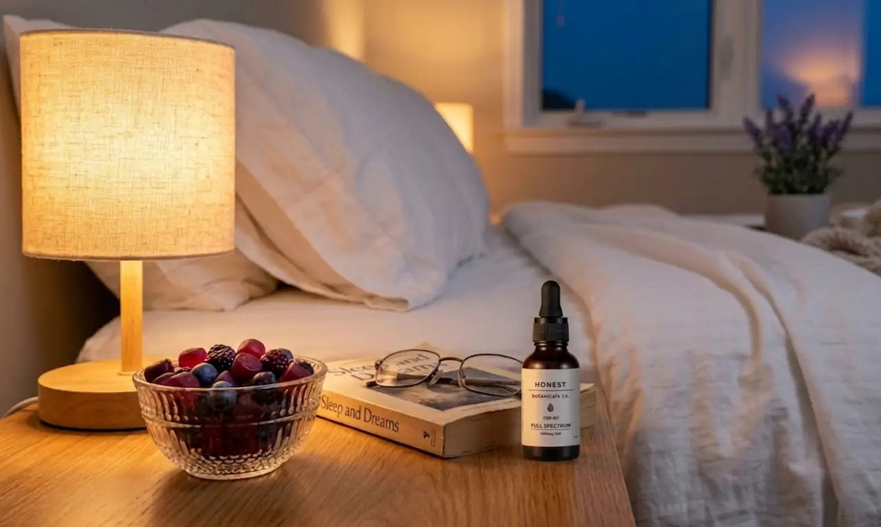 Honest CBD Oil next to bed with book and glasses.