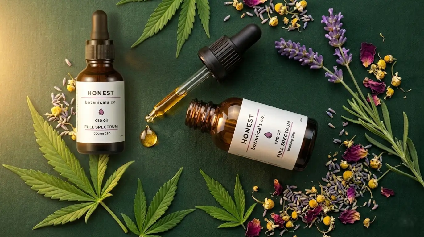 Honest Botanical Bottles laid out nicely with cannabis leafs and flowers