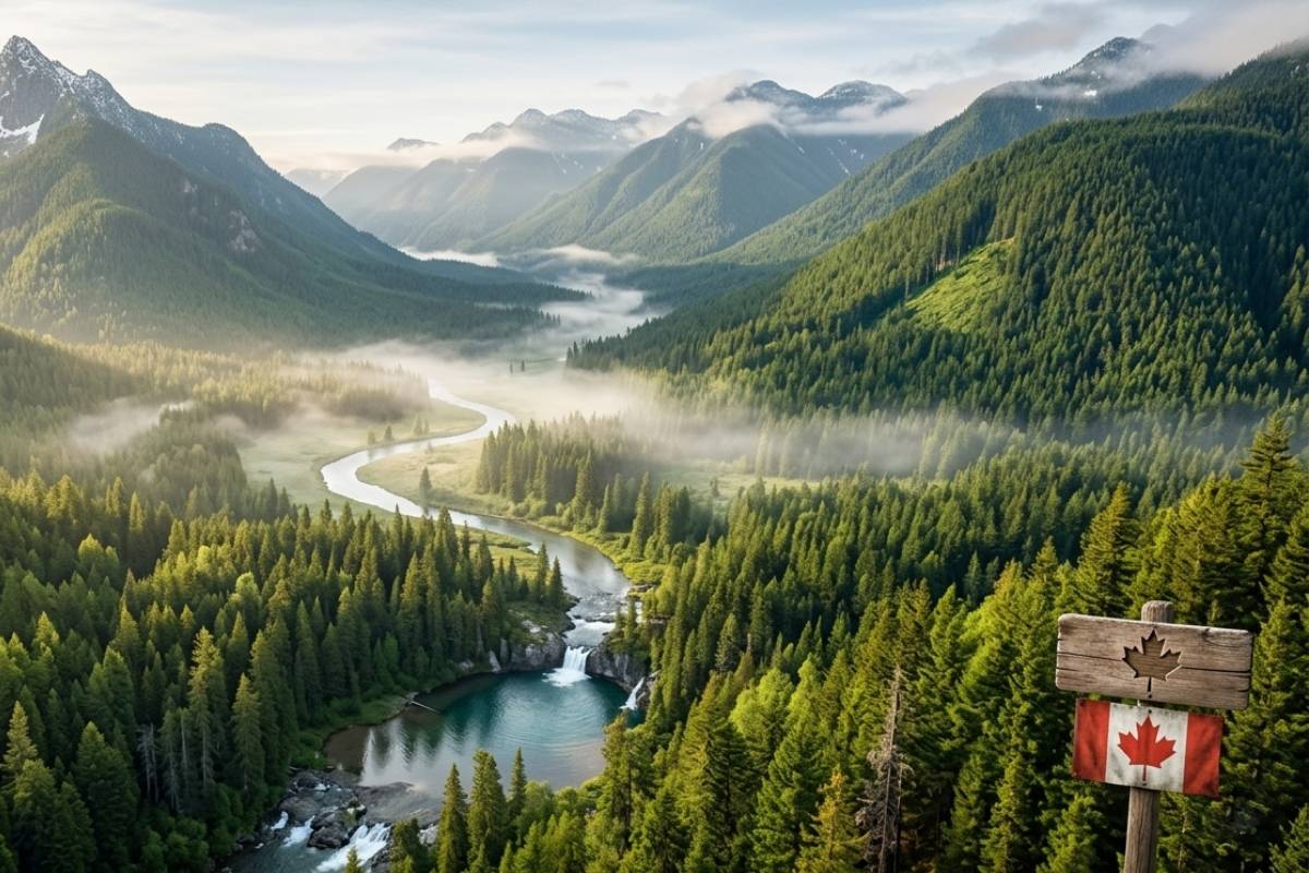 Scenic Canadian mountain landscape with river representing natural Canadian CBD products