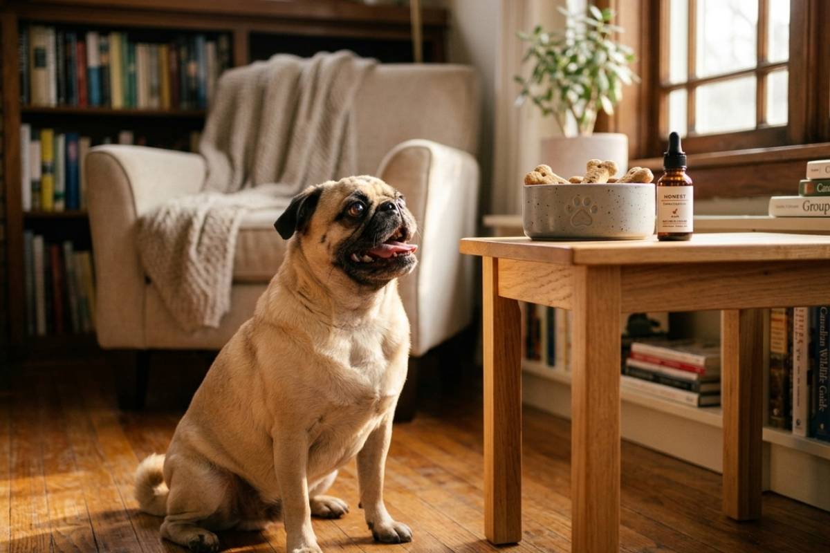 Happy pug dog beside a CBD oil certificate of analysis
