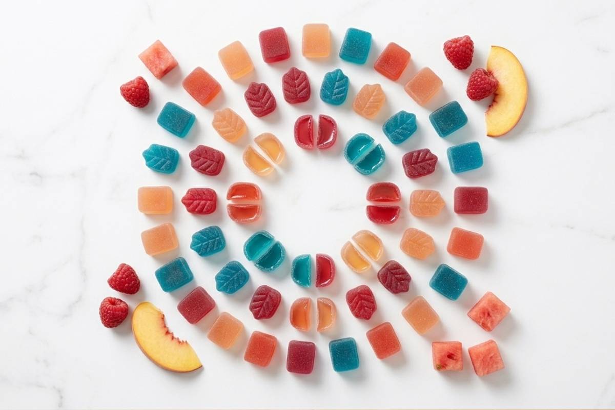 Colorful CBD gummies arranged in a spiral pattern with fresh raspberries and peach slices