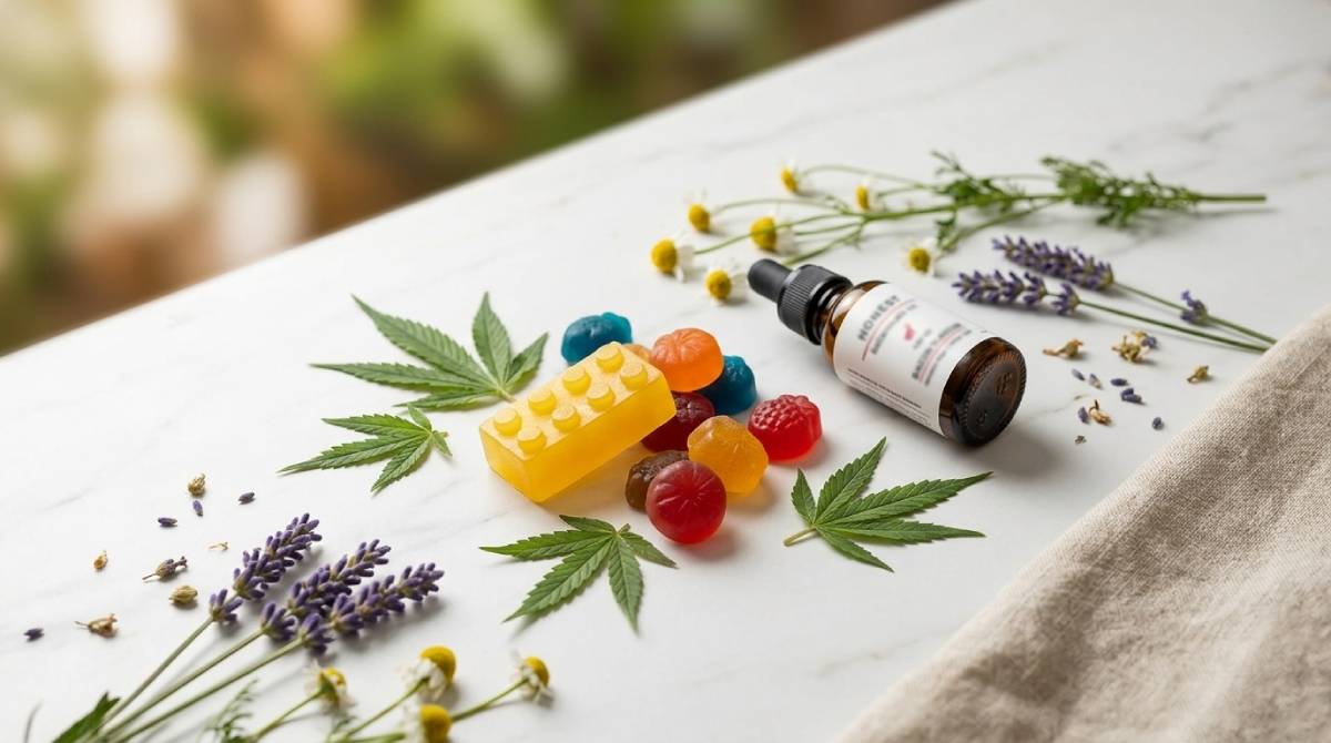 CBD gummies in a glass bowl with hemp leaves - benefits of CBD gummies for Canadian consumers