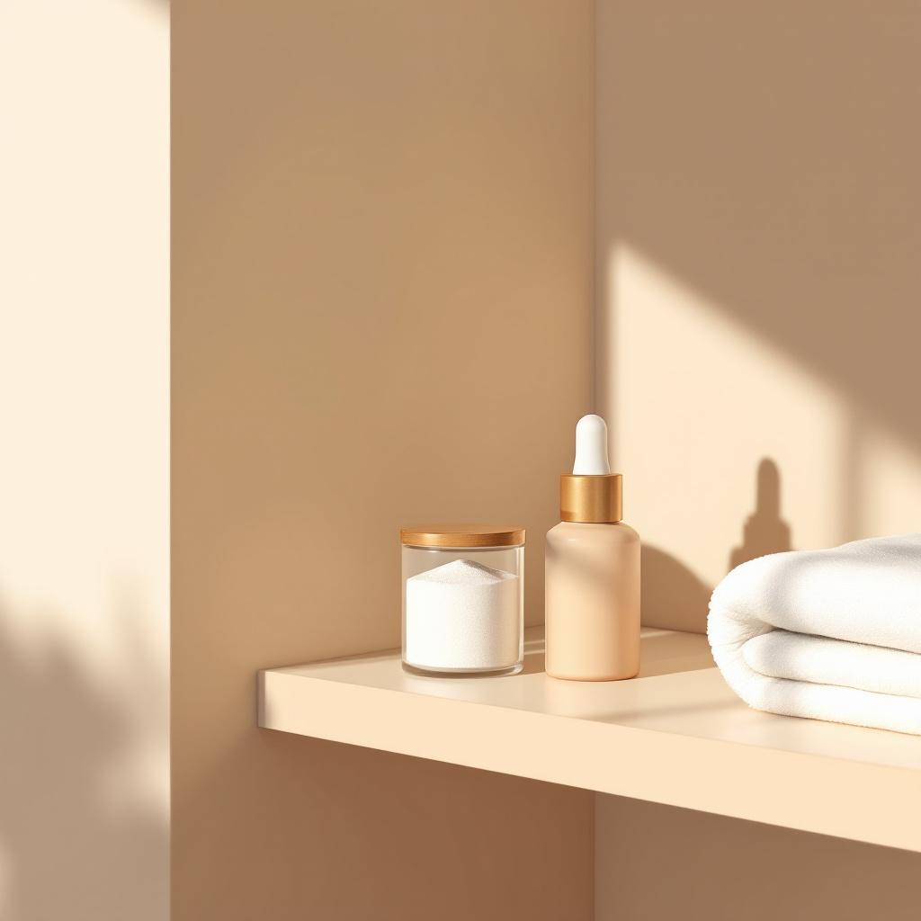 CBD isolate powder in a glass jar on a clean bathroom shelf