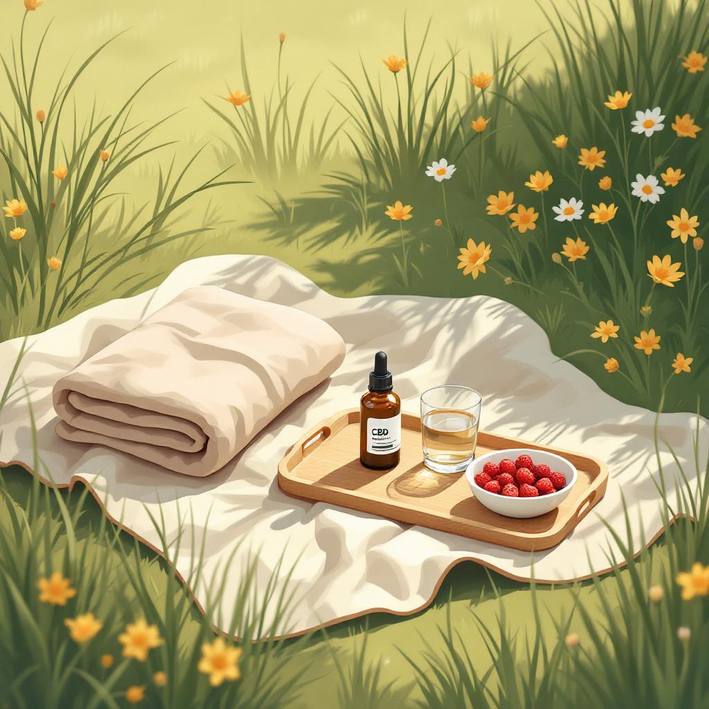 Editorial illustration of an outdoor blanket scene with a generic CBD bottle, water, and berries on grass