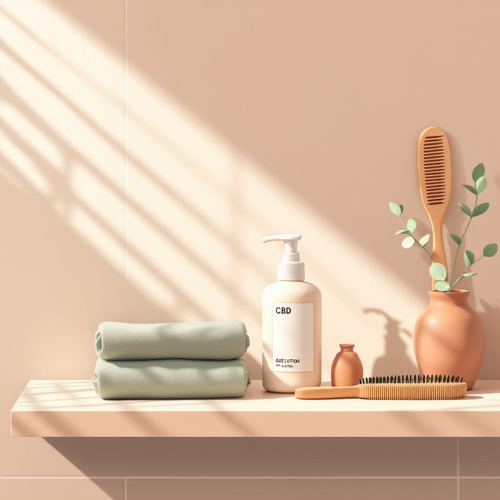 Cozy bathroom shelf with a generic CBD lotion bottle, sage washcloth, and eucalyptus in morning light