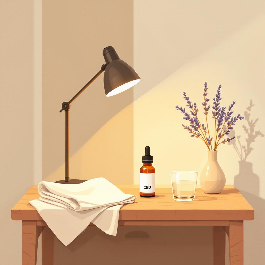 Editorial illustration of a calm bedside table with a generic CBD bottle, lamp, lavender, and a glass of water