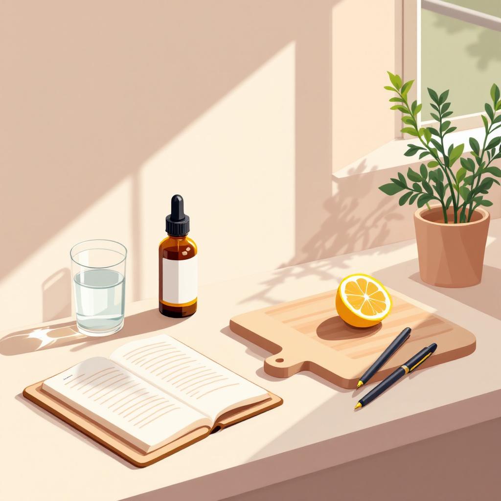 Editorial illustration of a calm morning kitchen counter with generic CBD bottle, water glass, journal and lemon