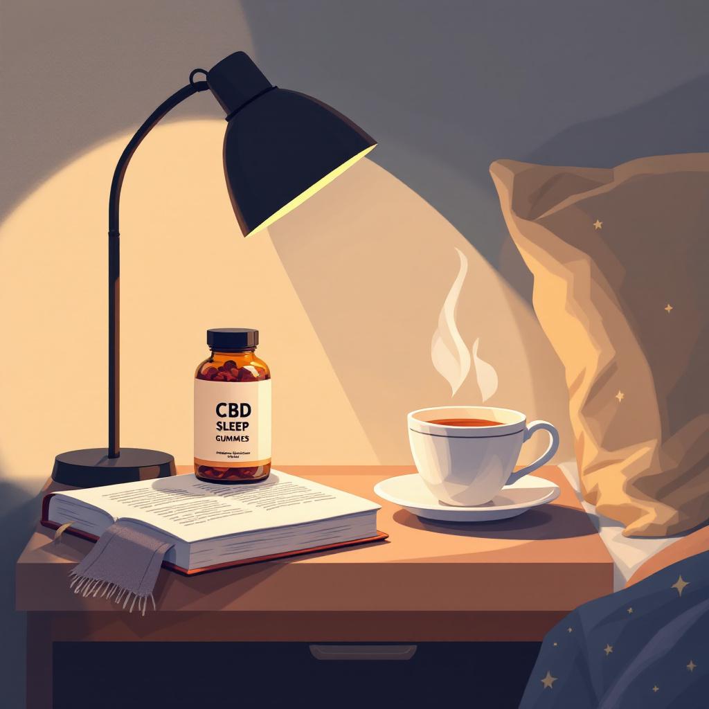 Editorial illustration of a cozy nightstand with sleep gummies, a book and warm tea at dusk