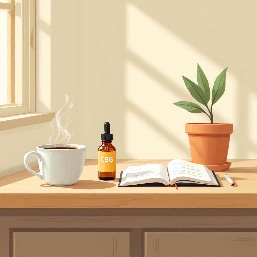 Editorial illustration of a morning kitchen counter with a generic amber CBG bottle, coffee, and a journal