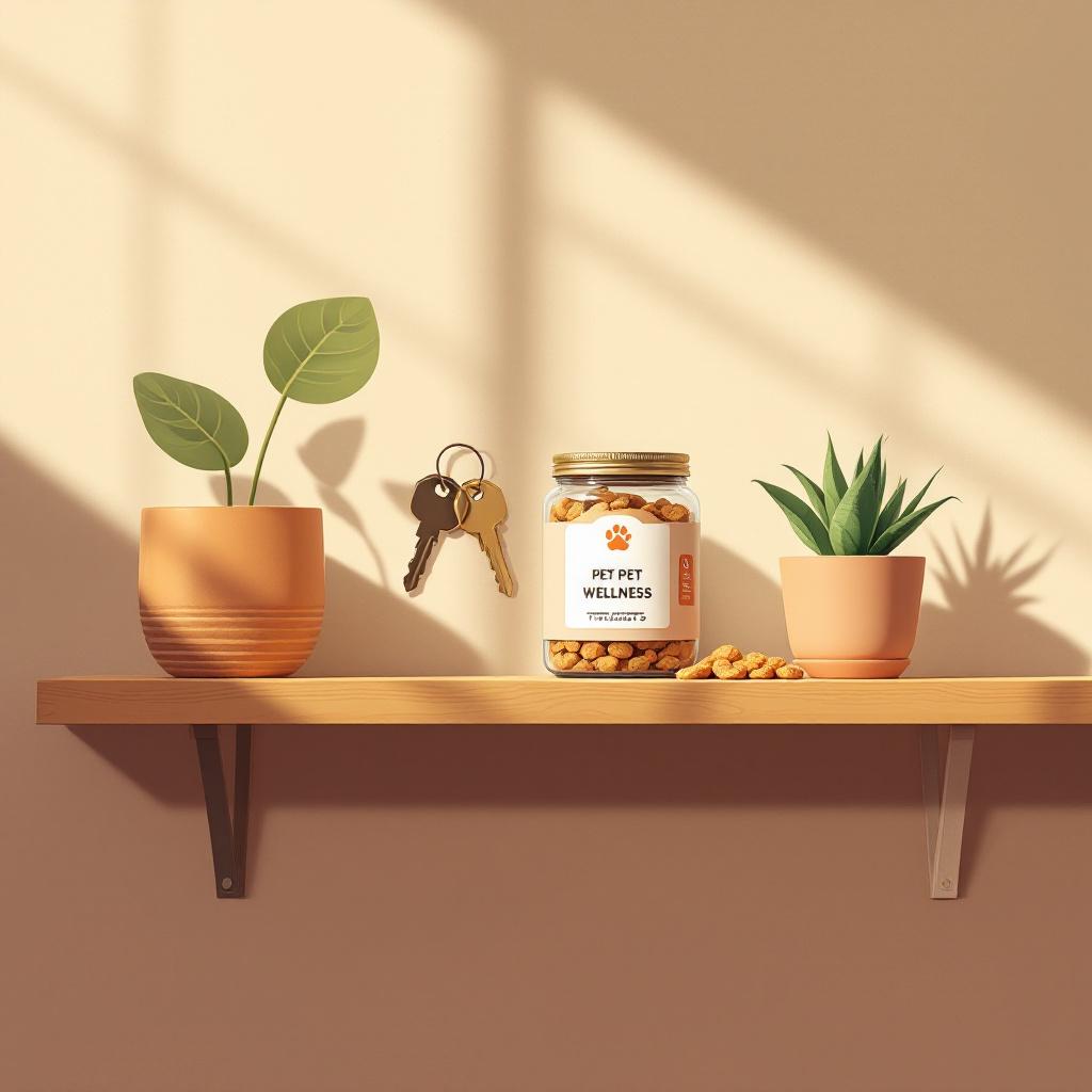 Pet wellness treats on a home shelf in warm natural light