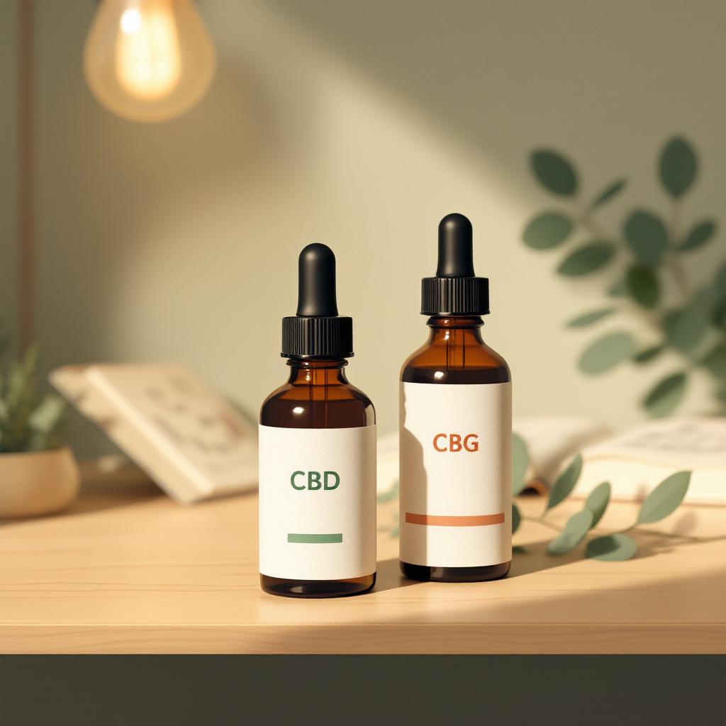 Editorial illustration of two amber dropper bottles labeled CBD and CBG on a wooden surface with a notebook