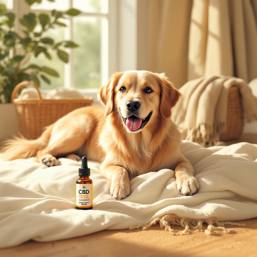 Editorial illustration of a friendly dog resting near an amber CBD oil dropper bottle