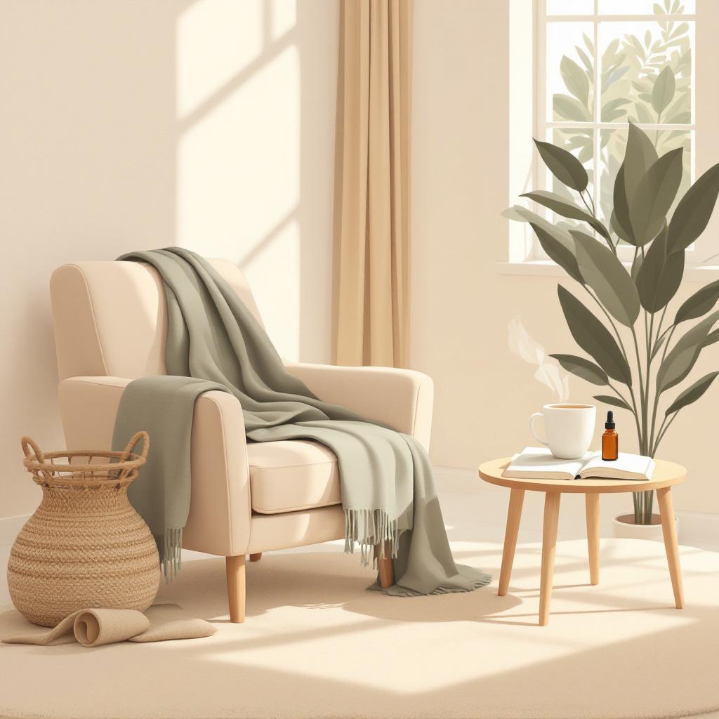 Cozy reading nook with tea, a book, and an amber CBD dropper bottle in soft afternoon light