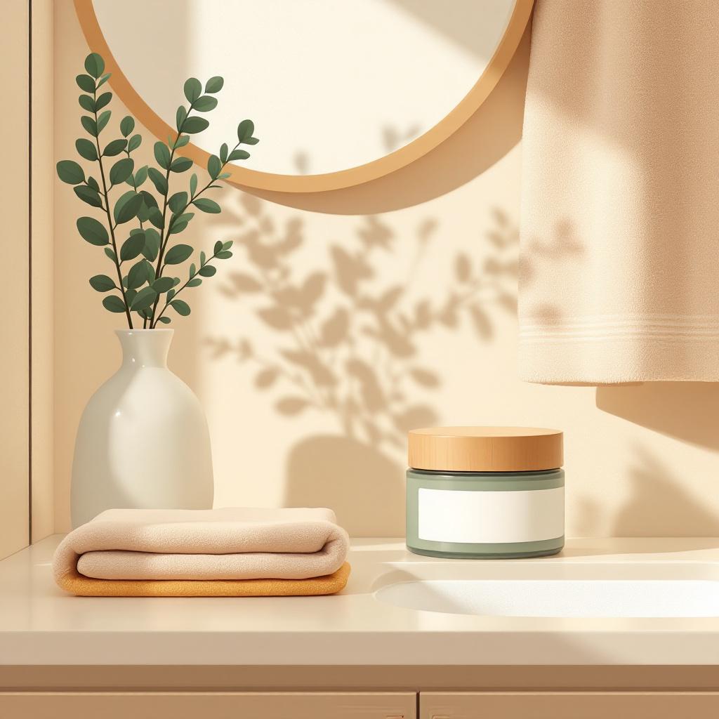 CBD cream jar on a bathroom vanity in soft morning light