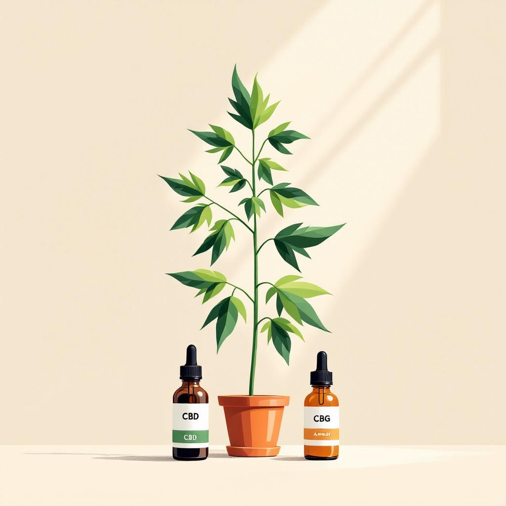 Editorial illustration of a hemp plant with two amber dropper bottles labeled CBD and CBG at its base