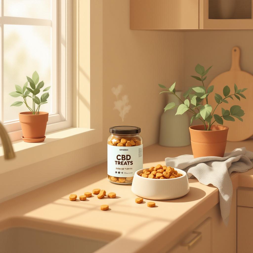 CBD dog treats on a kitchen counter in warm morning light