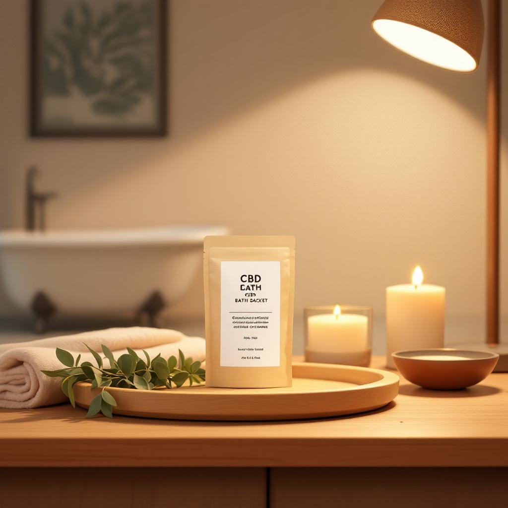 Editorial illustration of a CBD milk bath sachet on a wooden tray with eucalyptus and a candle